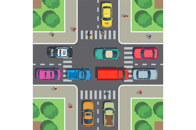 Crossroad top view. Road intersection with crosswalk&2C; cars and people