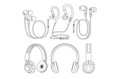 Outline earphones, wireless and corded dj music headphones vector illu