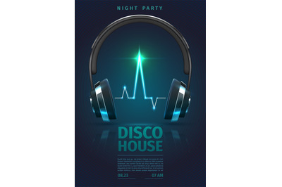 Festival poster with music headphones. Dj mixing electro party vector