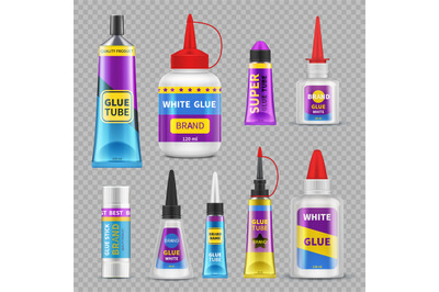 Glue sticks. Adhesive super glue tubes and bottles. Realistic isolated