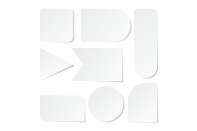 Paper stickers. Blank white labels&2C; tags of different shapes. Isolated