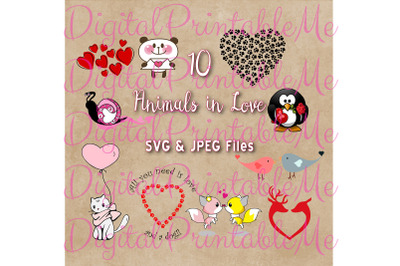 Animals in Love Clip Art&2C; Set of 10 SVG JPG Images&2C; Valentine&amp;&23;039;s Pack&2C;