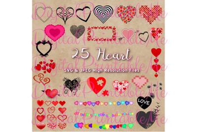 Heart Clip Art, Set of 25 Hearts SVG JPG Images, Valentine&#039;s Pack, Ins