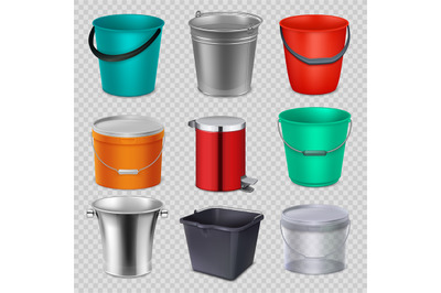 Realistic 3d metal and plastic buckets with handle. Vector collection