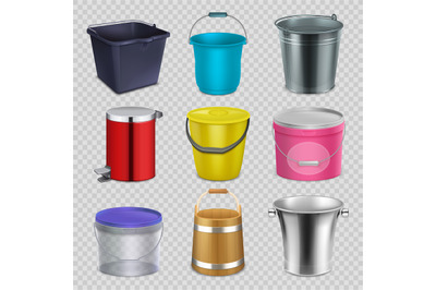 Realistic metal and plastic buckets with handle and bowls. Household c