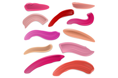 Red and pink lipstick smears, beauty makeup lip cream strokes vector s