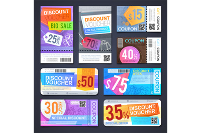 Discount voucher and cutting shopping coupons. Free sale tickets vecto