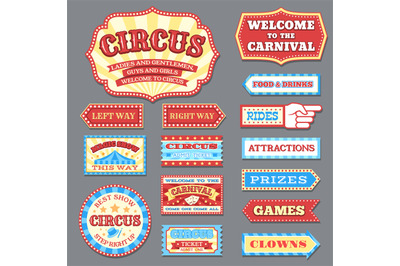 Vintage circus labels and carnival signboards vector collection