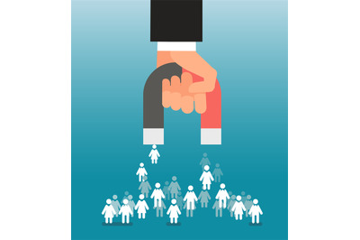 Lead generation. Magnet in hand attracts consumers. Sales and leads, m