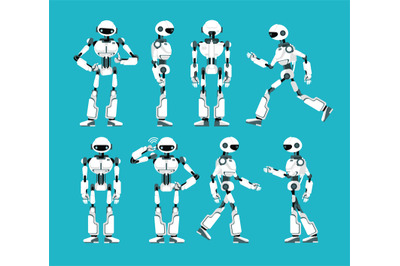 Robot character. Cartoon robotic mechanism, humanoid vector set