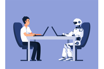 Robot and businessman. Robots vs human, future replacement conflict. A
