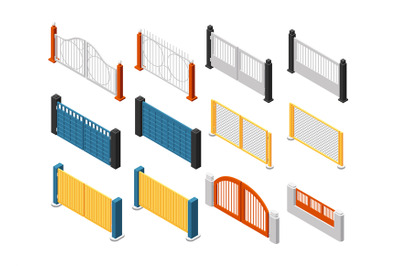 Isometric fences. Wooden fence, garden railing. Isolated 3d vector set