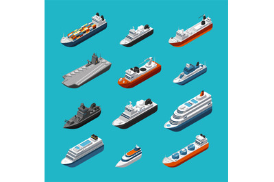 Passenger and cargo ships, sailing boats, yachts and vessels isometric