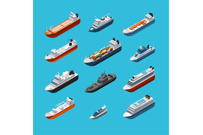 Isometric 3d military and passenger ships, boat and yacht vector sea t