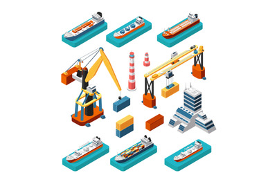 Isometric 3d ships, cranes, sea port building, lighthouse and shipping