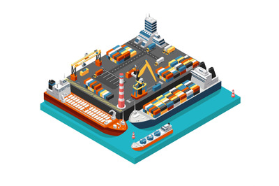 Isometric 3d seaport terminal with cargo ships, cranes and containers