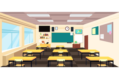 Cartoon empty classroom, high school room interior with desks and blac