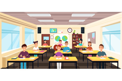 Pupils study in classroom interior. Pupils in school lesson vector con