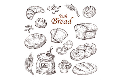 Sketch bread, hand drawn bakery products vector set isolated on white