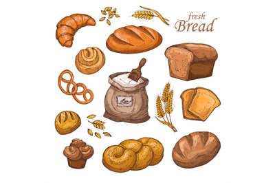 Cartoon bread, fresh bakery product, flour, ears of wheat. Hand drawn