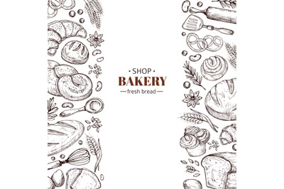 Bakery vector retro background with hand drawn doodle bread