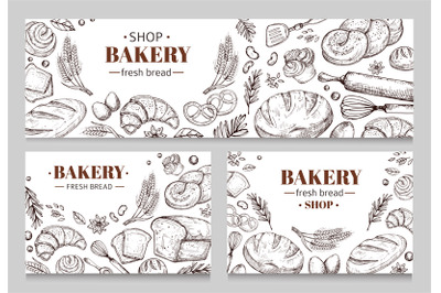 Vintage bakery banners with sketched bread vector set