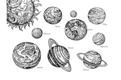 Sketch solar system planets. Mercury, venus, earth, mars, jupiter, sat