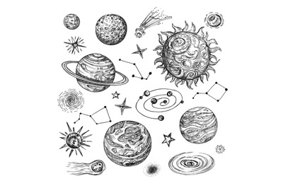 Hand drawn sun, planets, stars, comet, asteroid, galaxy. Vintage astro