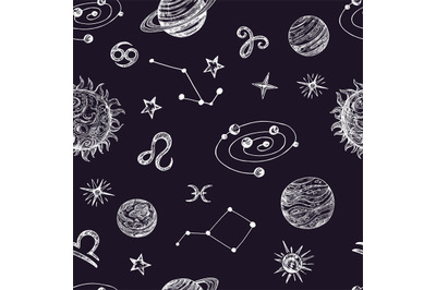 Hand drawn space with stars, planets and moon. Doodle night sky vector