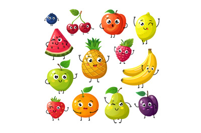 Cartoon funny fruits. Happy kiwi banana raspberry orange cherry with f