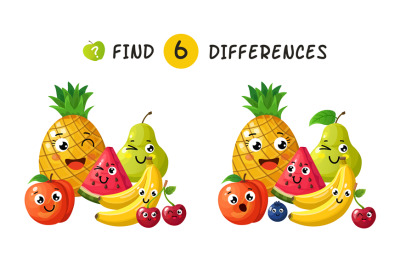 Finding differences. Children game with happy cartoon fruits. Vector i