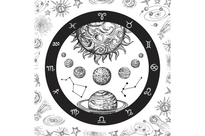 Astrology concept with planets. Hand drawn universe, planetary system