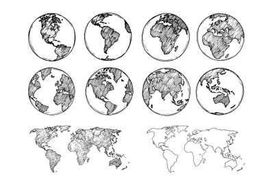 Globe sketch. Hand drawn earth planet with continents and oceans. Dood