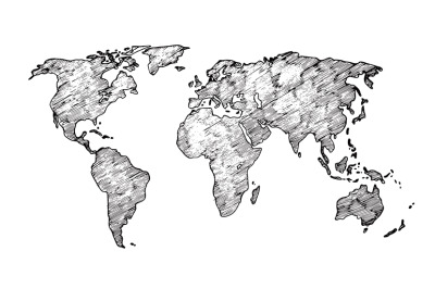 World map sketch. Earth continents rough drawing. Scribble classroom v