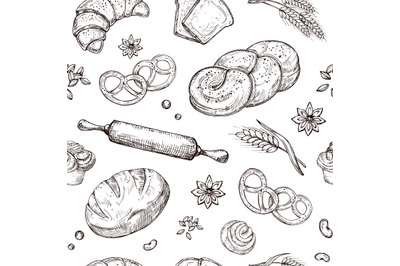 Bread seamless pattern. Vintage sketch bakery repeating vector backgro