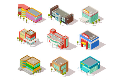 Isometric mall, store, shop and supermarket buildings. Vector city arc