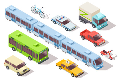 Isometric city public transport. Subway train, bus, ambulance, taxi an