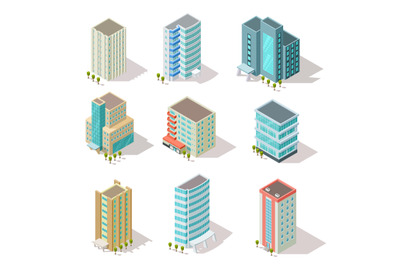 Isometric buildings. Business offices, apartment houses, skyscrapers f