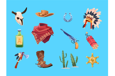 Wild west cartoon set. Cowboy boots&2C; hat and gun. Bull skull&2C; indian w