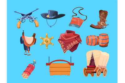 Western cartoon elements. Wild west cowboy boots, hat and gun. Sheriff