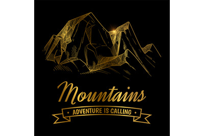 Golden mountains adventures emblem design. Hand mountain landscape