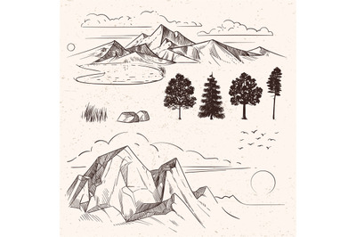 Hand drawing mountain range&2C; peaks clouds