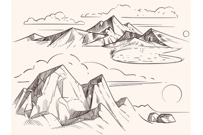 Hand sketched mountain landscapes with lake, stones, clounds