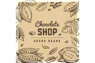 Chocolate shop vintage poster design with sketched chocolate bar and c