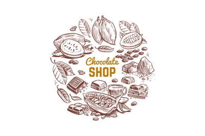 Chocolate shop vector emblem design with sketched cocoa beans and choc