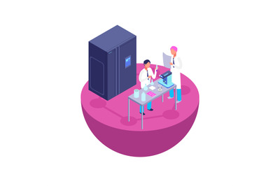 Scientists laboratory experiment. Chemistry laboratory 3d isometric