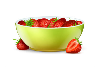 Bowl of strawberries. Realistic berries and bowl vector illustration