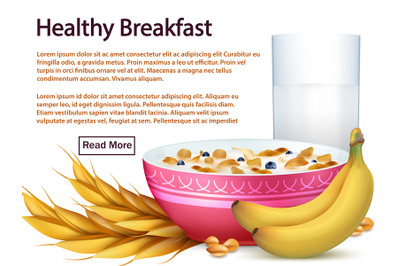 Breakfast banner template with cereals&2C; realistic fruits