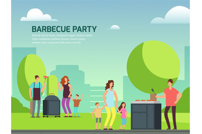 Barbeque party design. Cartoon character families in park