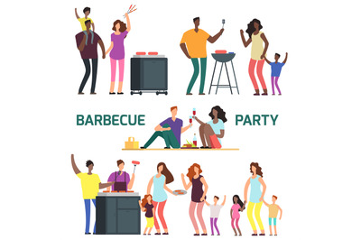 Barbeque party cartoon character families